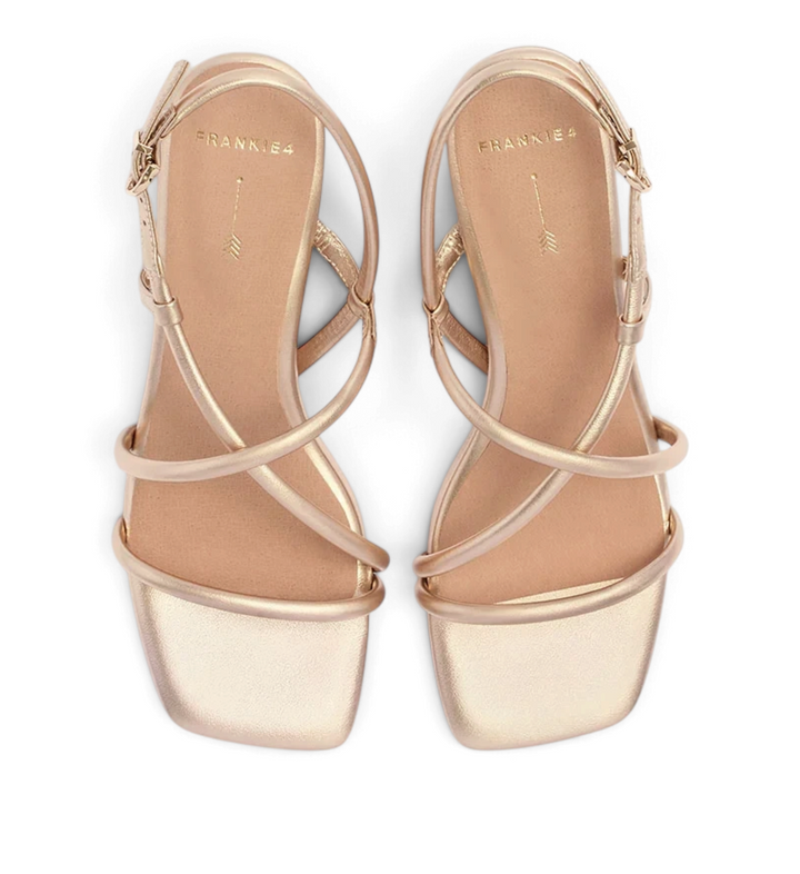 House of Florian Lottie soft gold strappy sandals with a square toe and adjustable ankle buckle strap