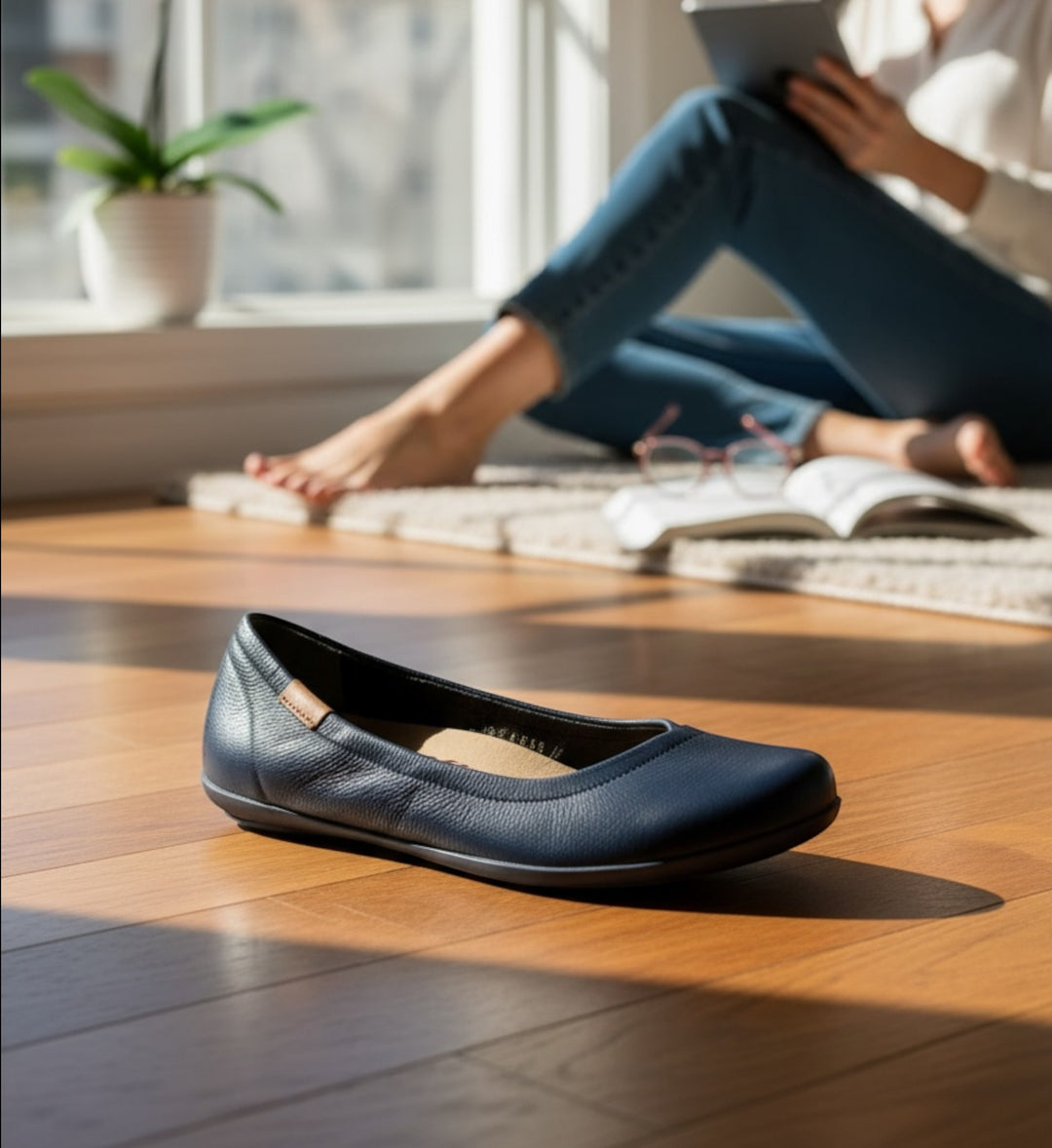 House of Florian Lozes navy blue leather ballet flats with Active Comfort footbed for everyday wear.
