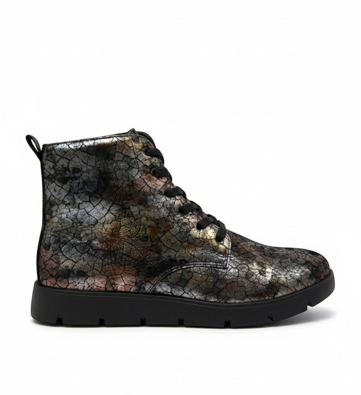 House of Florian Manila W Copper Desert Print leather ankle boots with lace-up closure and black sole.