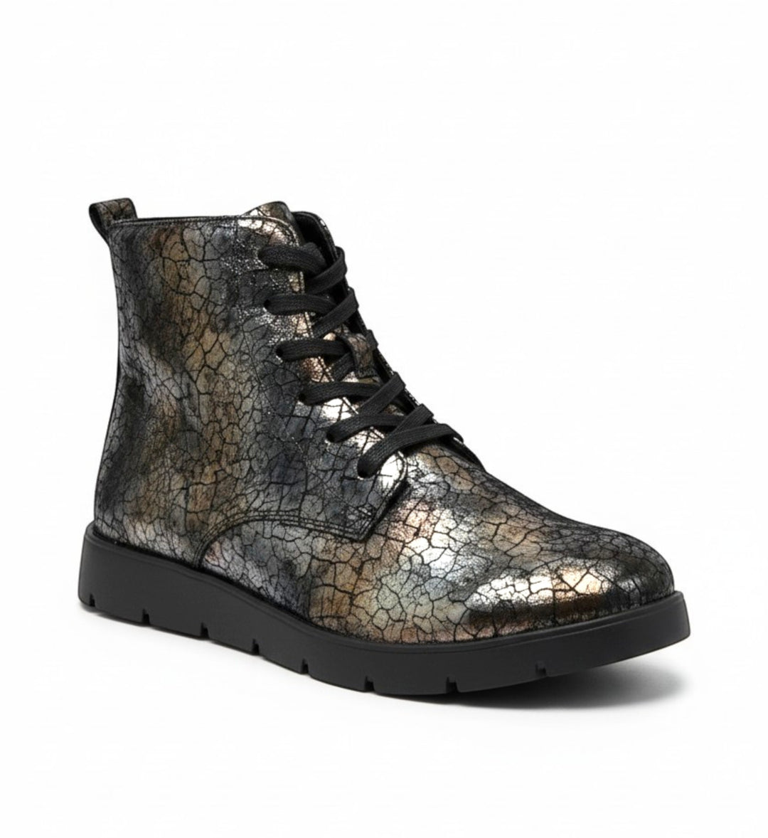 House of Florian Manila W Copper Desert Print leather ankle boots with lace-up closure and cracked metallic finish.