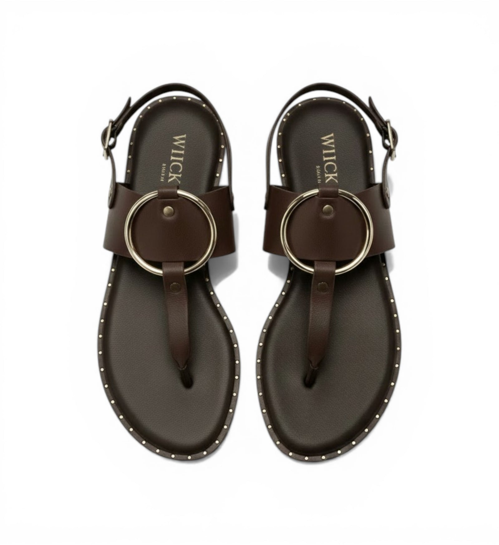 House of Florian Tegan maroon leather flat sandals with gold ring detail and stud trim.