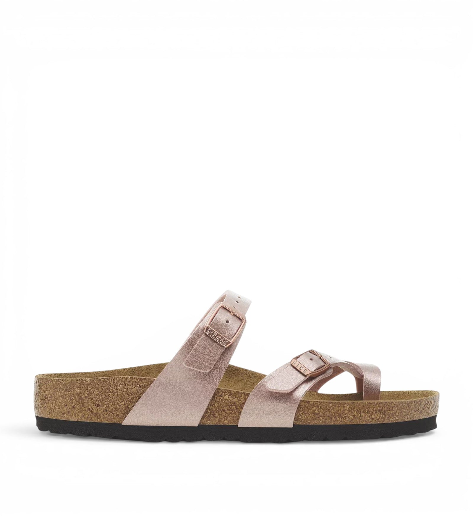 House of Florian Mayari copper metallic Birko-Flor thong sandals with toe loop and adjustable buckles.