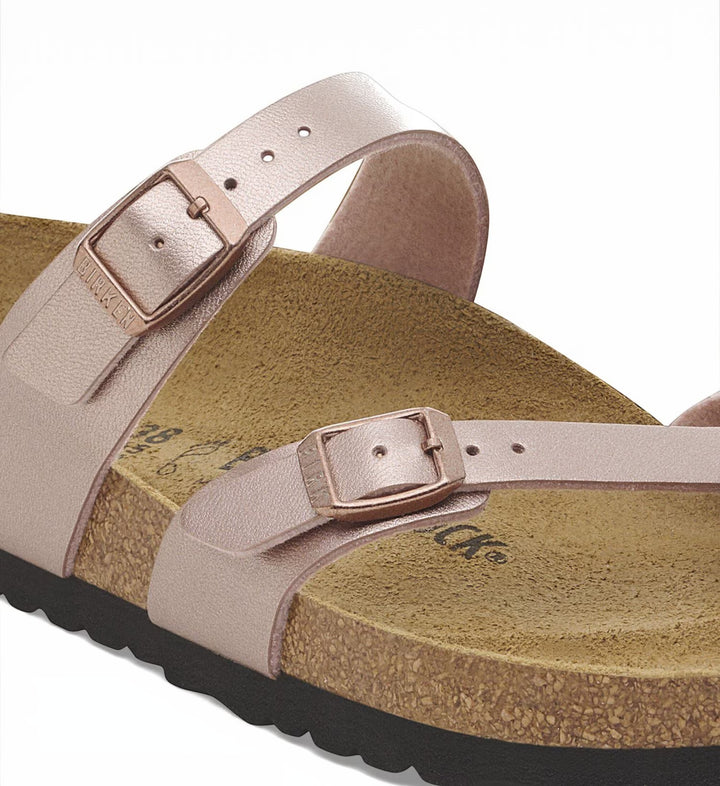 House of Florian Mayari copper Birko-Flor sandals with toe loop and adjustable buckles.
