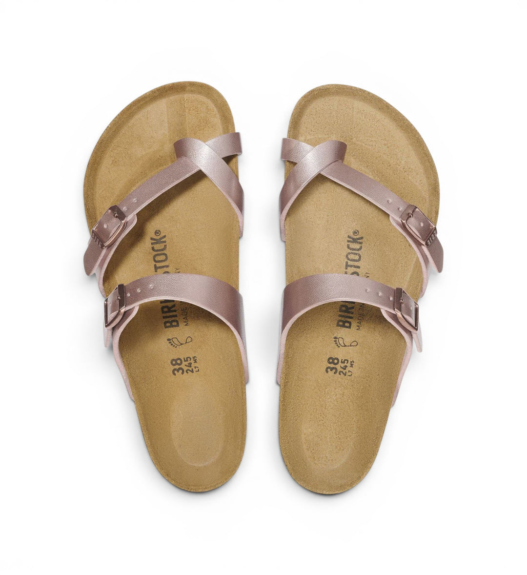 House of Florian Mayari thong sandals in copper Birko-Flor with crisscross straps and toe loop. Adjustable buckles.