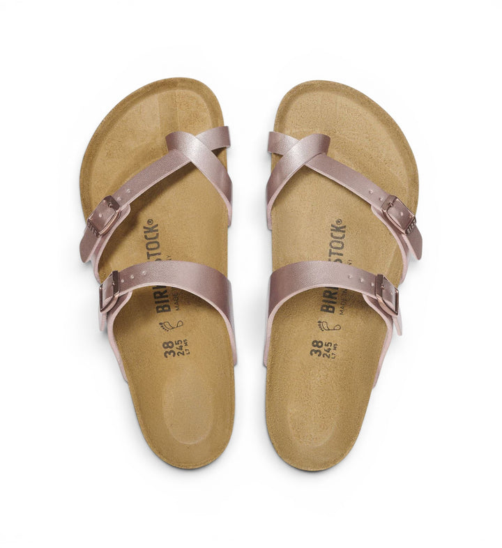 House of Florian Mayari thong sandals in copper Birko-Flor with crisscross straps and toe loop. Adjustable buckles.