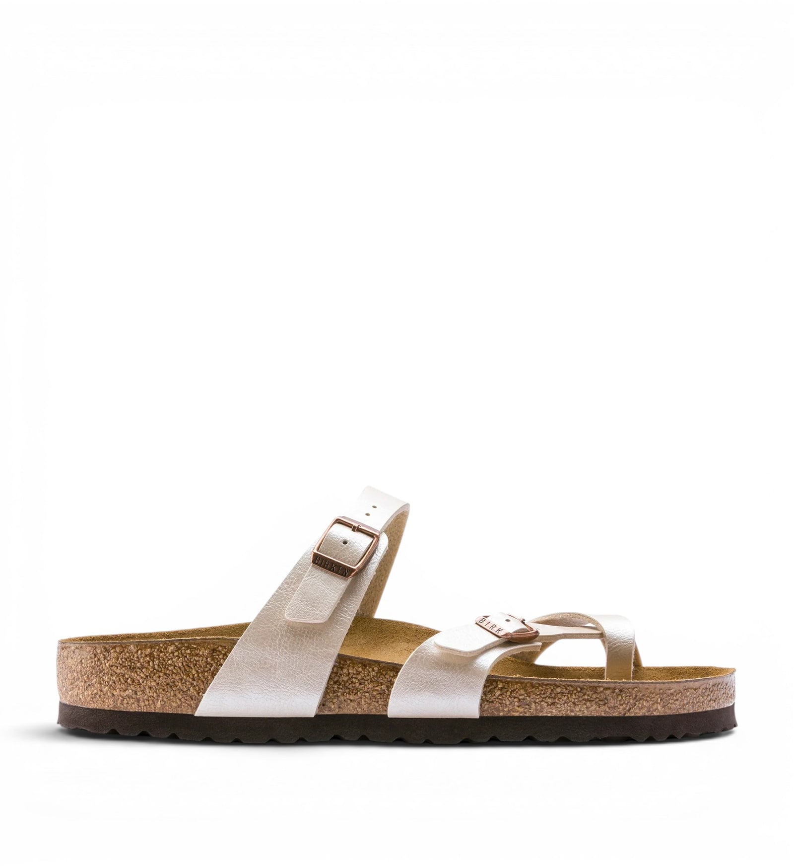 House of Florian Mayari pearl white Birko-Flor sandals with adjustable straps and cork footbed.