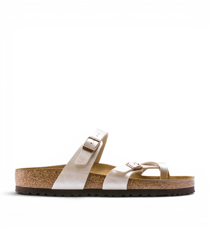 House of Florian Mayari pearl white Birko-Flor sandals with adjustable straps and cork footbed.