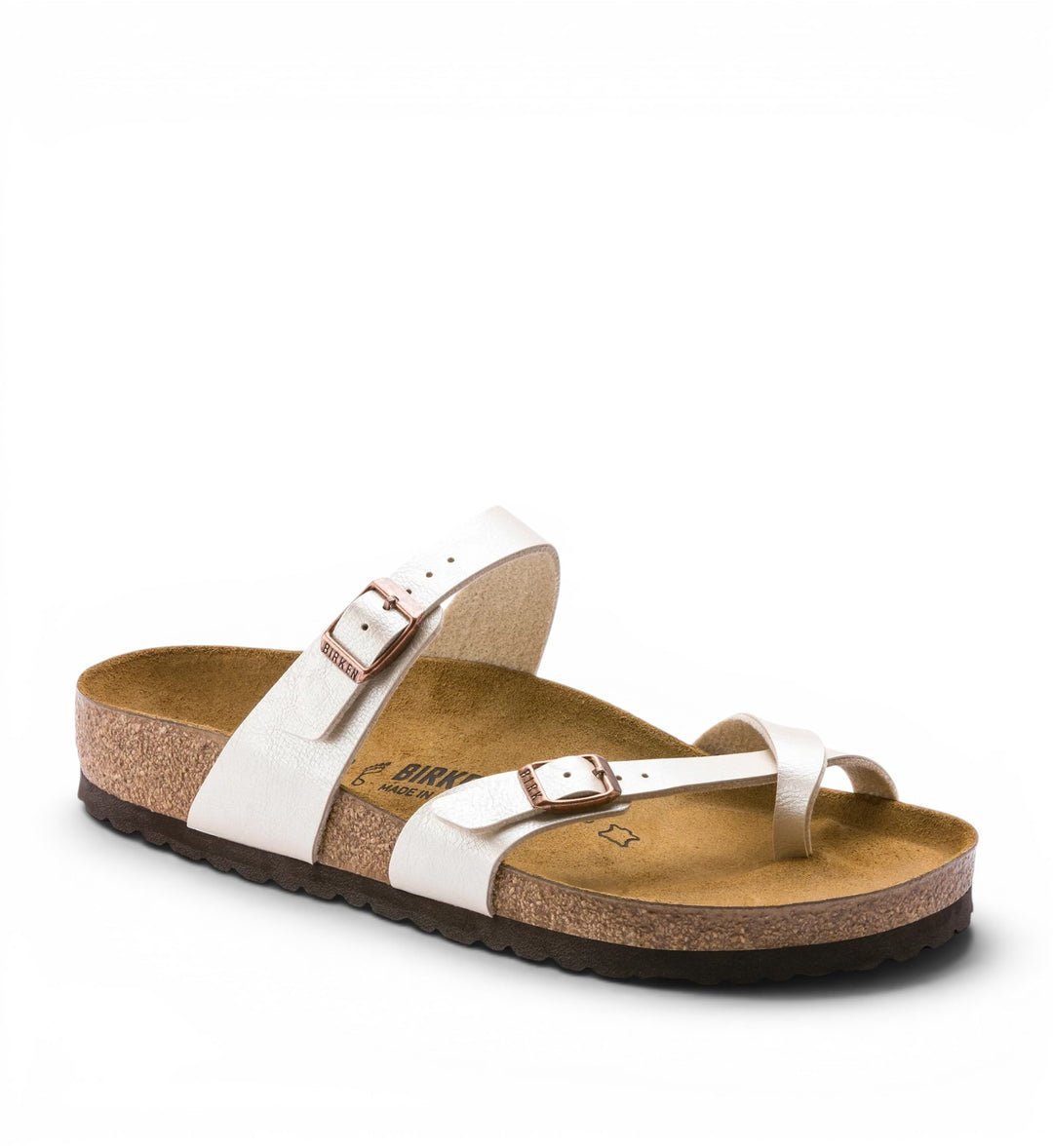 House of Florian Mayari Graceful Pearl White Birko-Flor sandals with adjustable straps and toe loop.