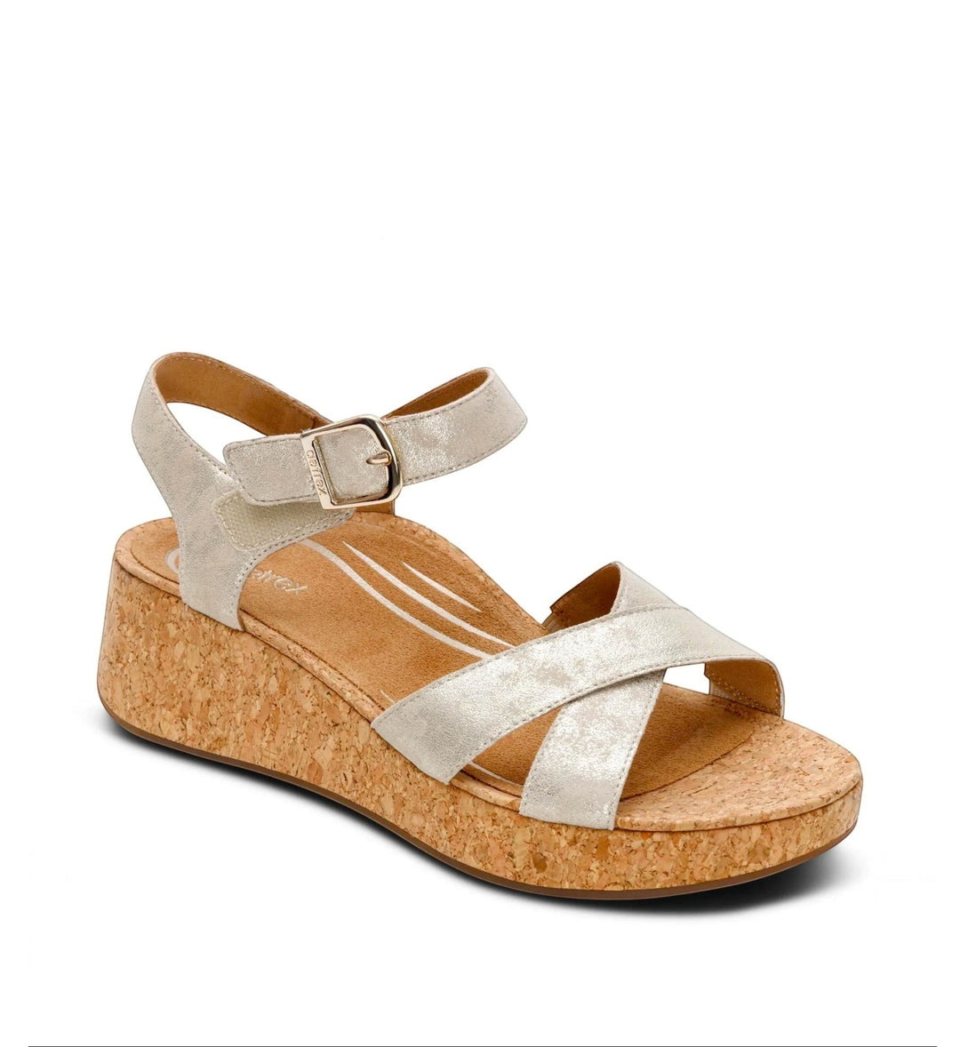 House of Florian Flora Champagne metallic silver wedge sandals with a cork platform sole and adjustable ankle strap.