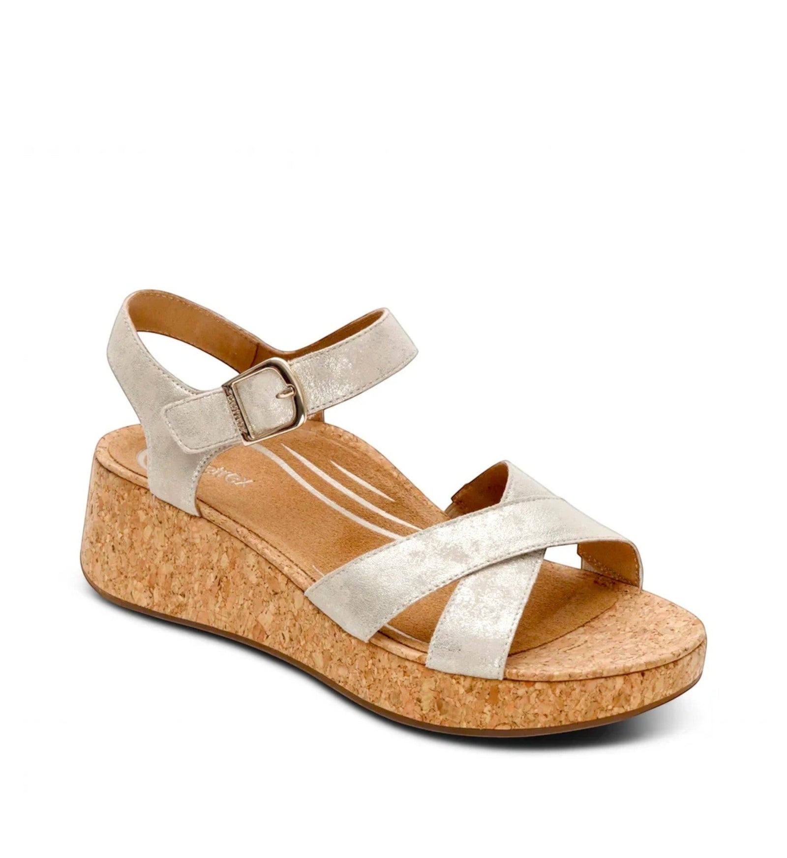 House of Florian Flora Champagne metallic silver wedge sandals with crisscross straps and a cork platform sole