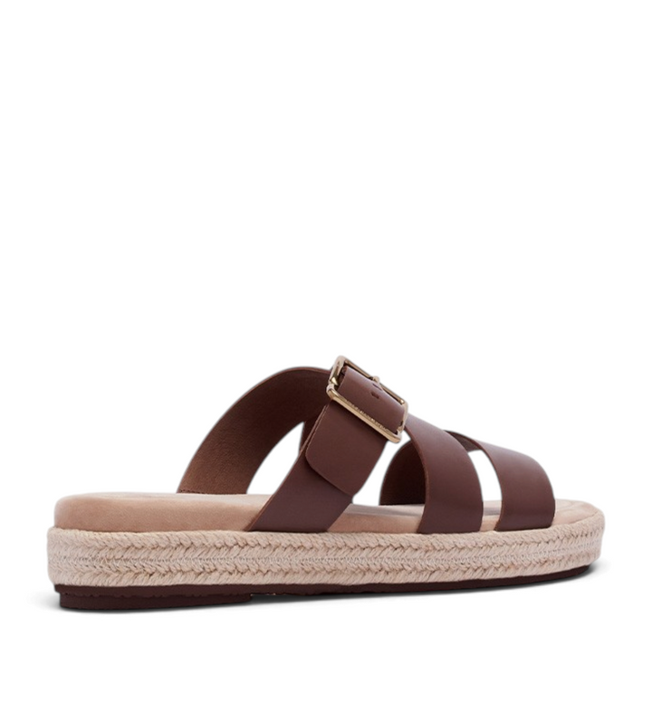 House of Florian Micah deep tan leather slide sandals with an espadrille jute platform sole and gold buckle detail