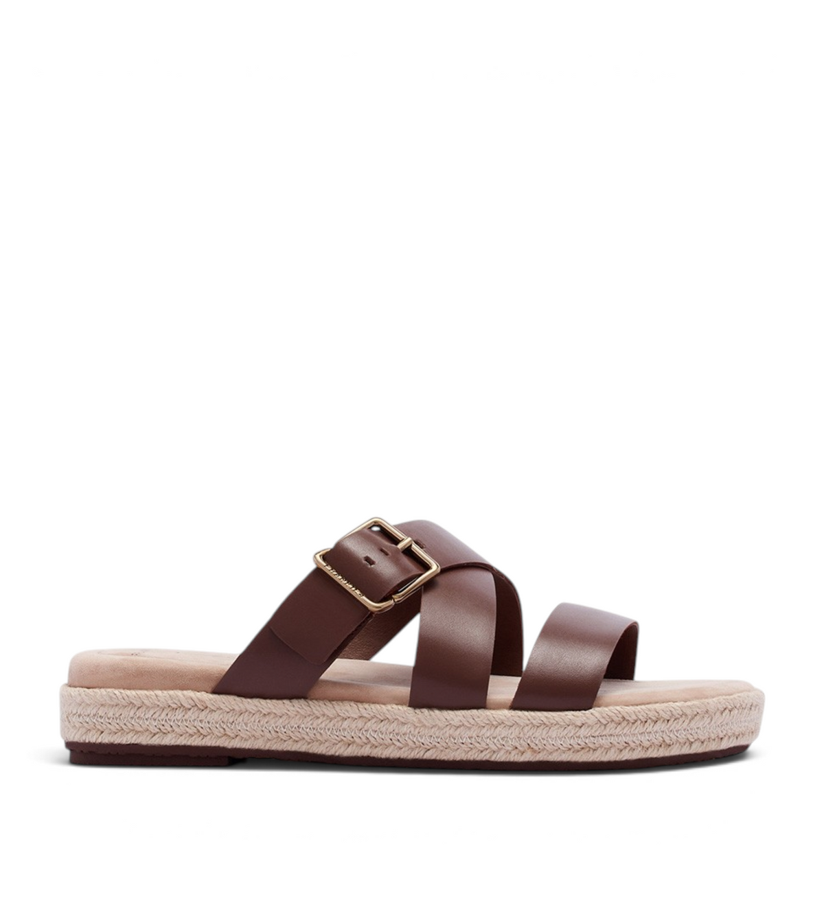 House of Florian Micah deep tan leather slide sandals with a buckle strap and espadrille jute platform sole.