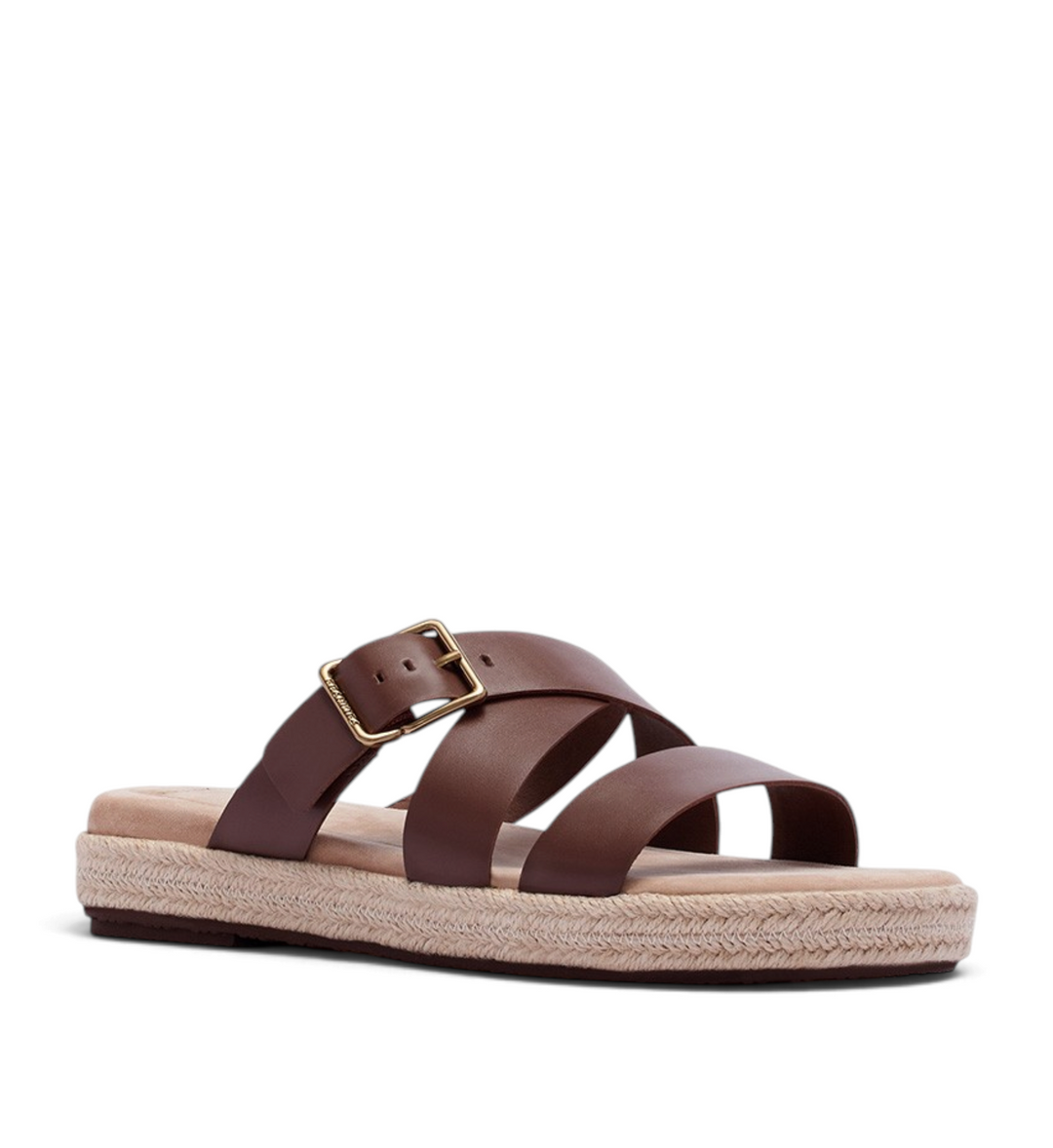 House of Florian Micah deep tan leather slide sandals with an adjustable gold buckle and woven espadrille sole.