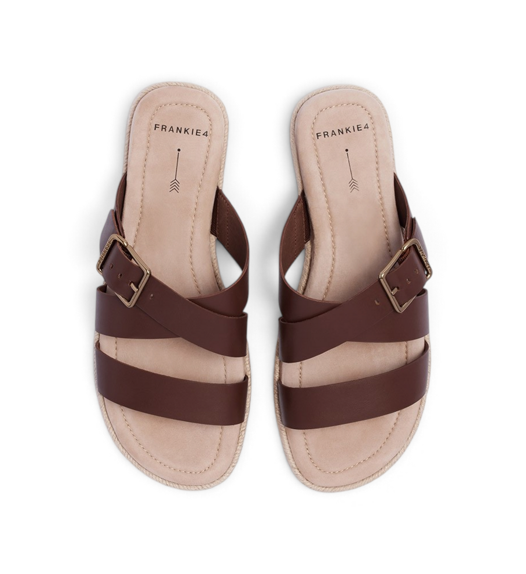 House of Florian Micah deep tan leather slide sandals with adjustable buckle straps and espadrille-style trim