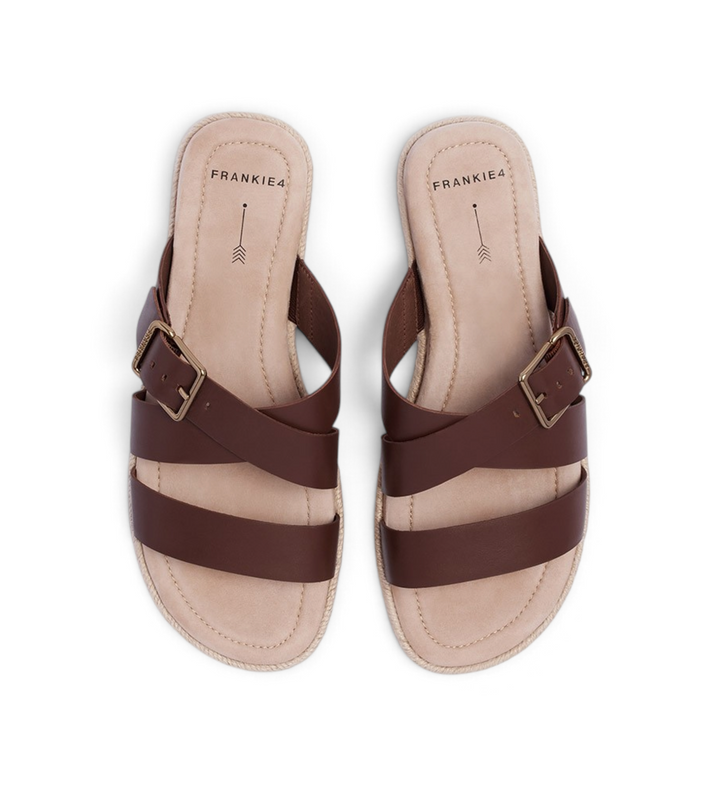House of Florian Micah deep tan leather slide sandals with adjustable buckle straps and espadrille-style trim