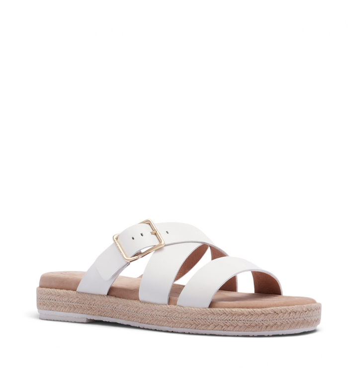 House of Florian Micah soft white sandals featuring triple straps, a gold buckle, and a jute-wrapped espadrille sole.