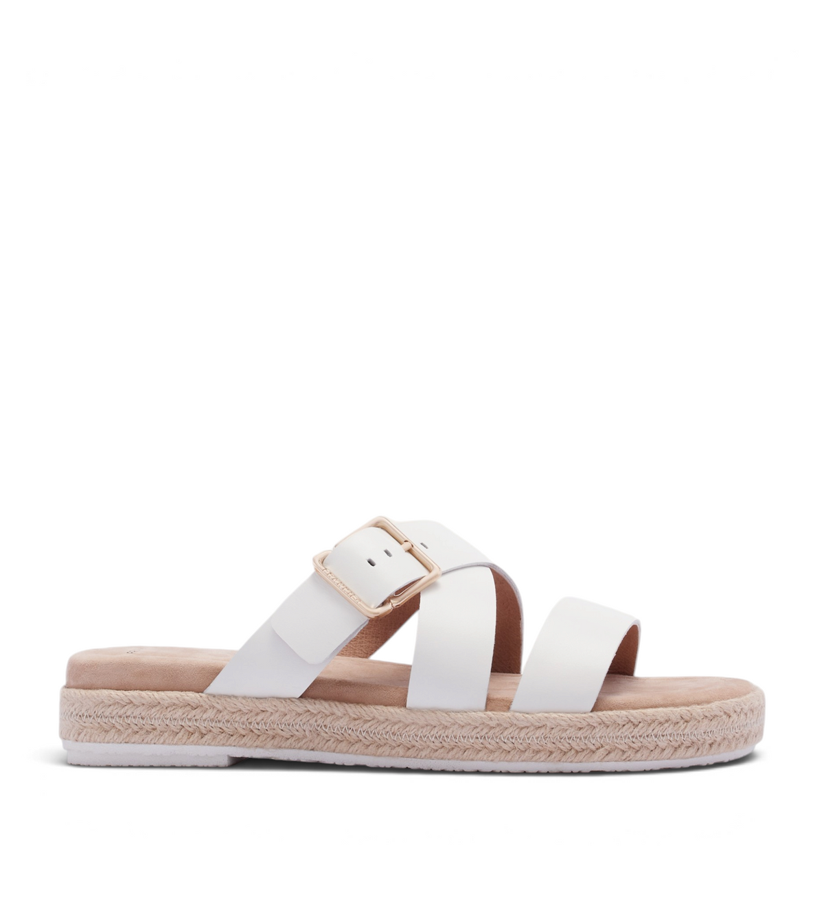 House of Florian Micah soft white slide sandals with a gold buckle and jute-wrapped espadrille platform sole