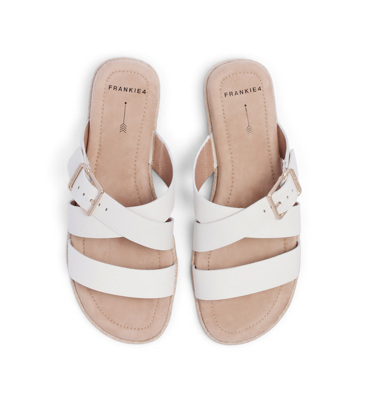 House of Florian Micah soft white leather sandals with crisscross straps and gold buckle detail
