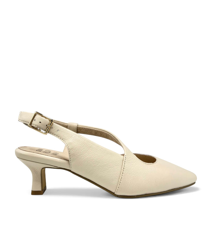 House of Florian Orello XW milk white leather slingback kitten heel with gold buckle side view