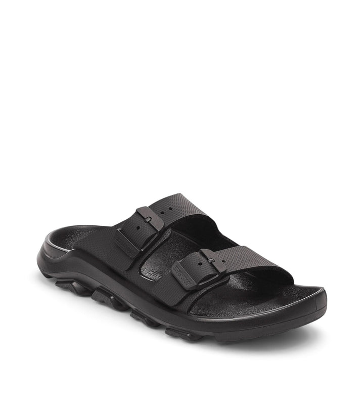House of Florian Mogami Terra Stealth black two-strap Birko-Flor sandals with adjustable buckles and rugged sole.