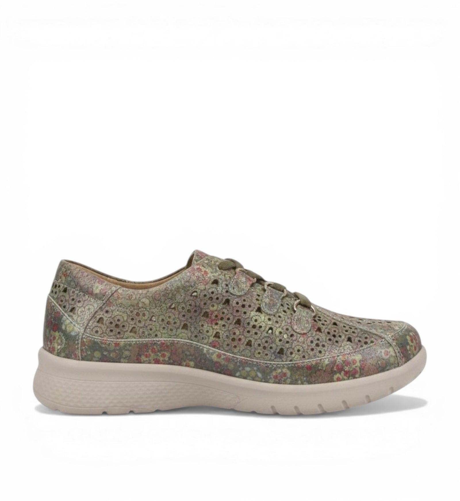 House of Florian Sarmi XF multi-coloured floral print leather sneakers with cut-out details and beige sole.