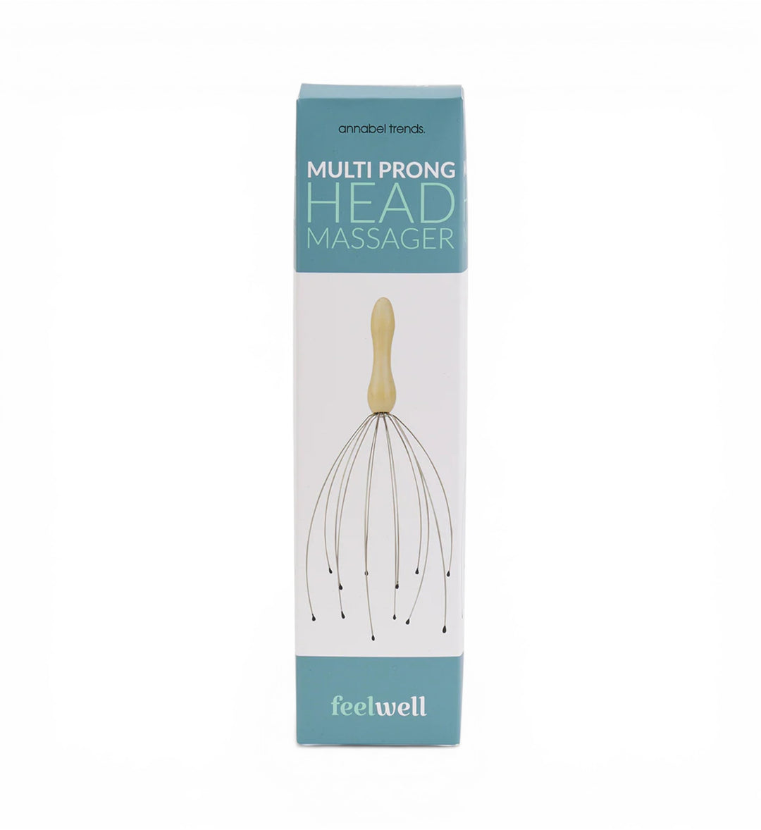 House of Florian multi prong head massager with wooden handle and flexible metal prongs tipped with black beads.