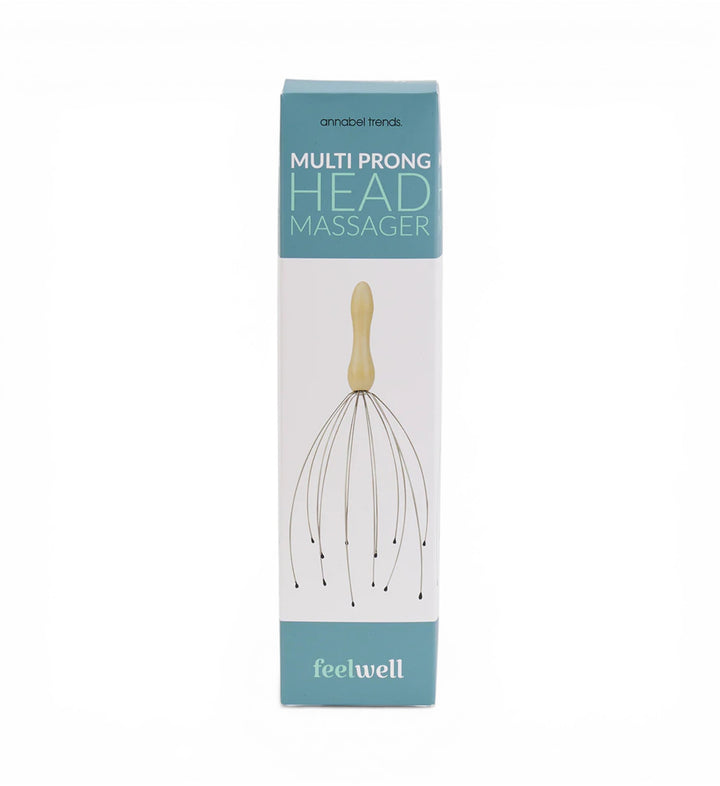 House of Florian multi prong head massager with wooden handle and flexible metal prongs tipped with black beads.