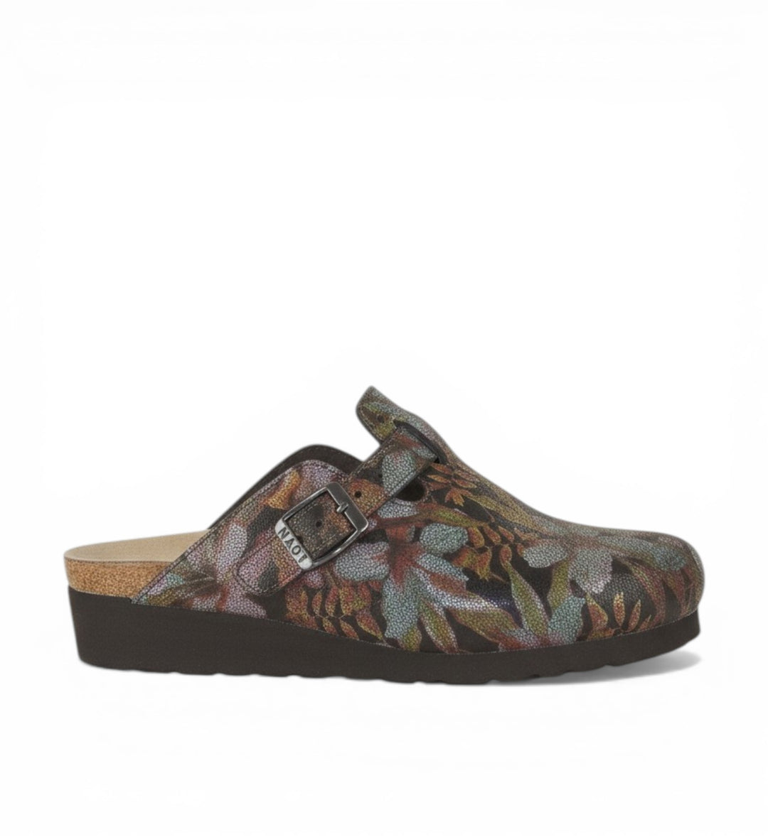 House of Florian NAOT Autumn dark floral print slip-on clog with adjustable strap and cork footbed.