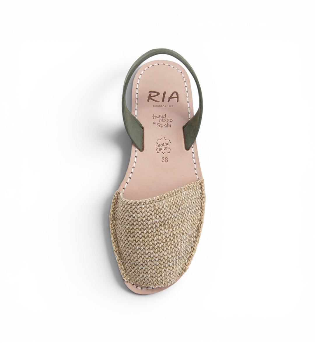House of Florian natural woven avarcas sandals with green leather straps and leather soles.