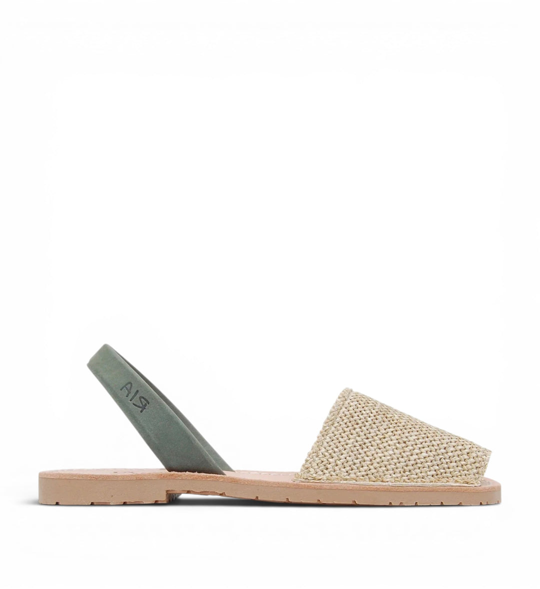 House of Florian Roba Avarcas sandals in natural woven material with sage green heel strap.
