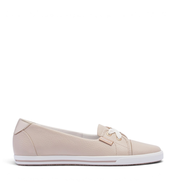 House of Florian Hannah III natural tumbled leather slip-on sneakers with white laces and a low profile rubber sole.