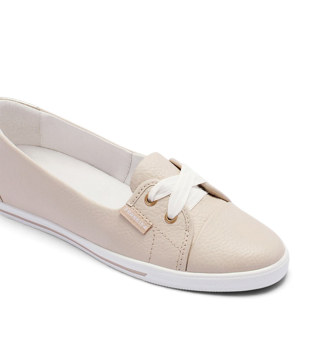 House of Florian Hannah III natural tumbled leather slip-on sneaker with white laces and a white rubber sole