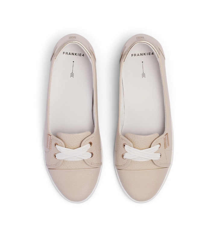 House of Florian Hannah III natural tumbled leather slip-on sneakers with white laces and metallic gold accents.