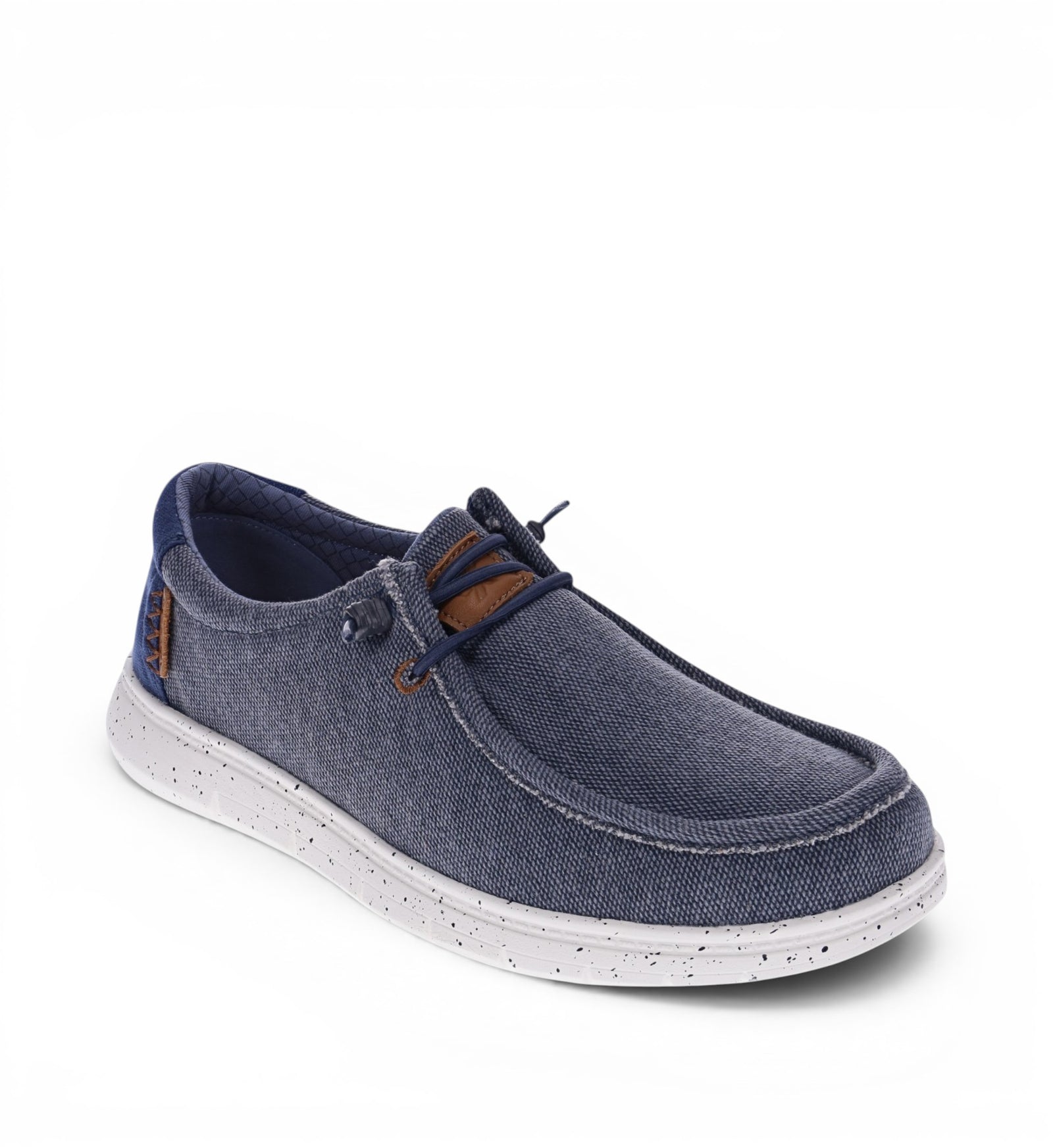 House of Florian Hipster M navy canvas slip-on shoe with white speckled sole and brown leather detailing.