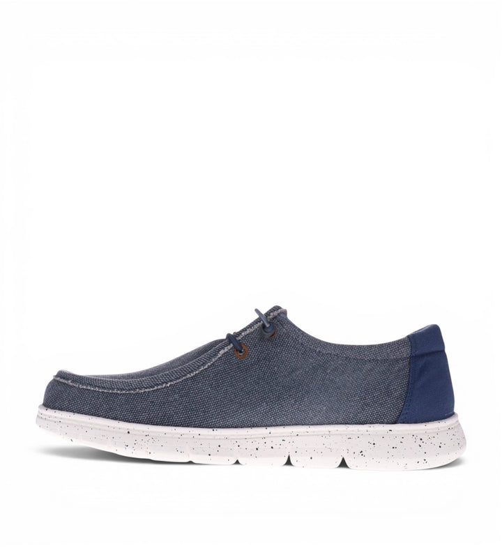 House of Florian Hipster M navy canvas slip-on shoe with a white speckled sole and side profile view.
