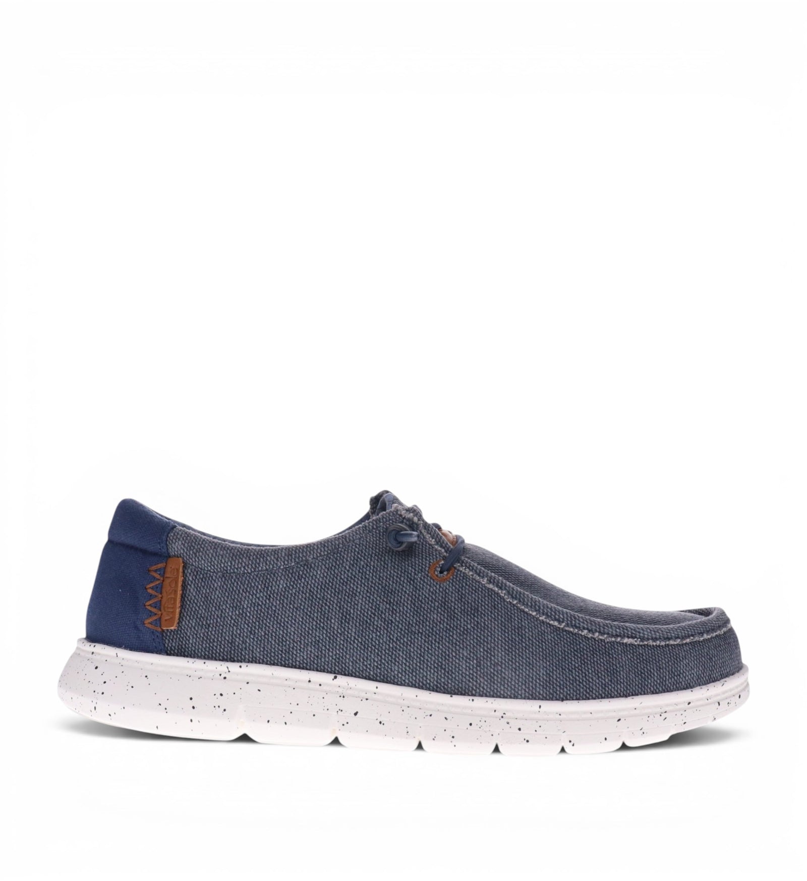 House of Florian Hipster M navy canvas slip-on shoe with white speckled sole and brown leather detail