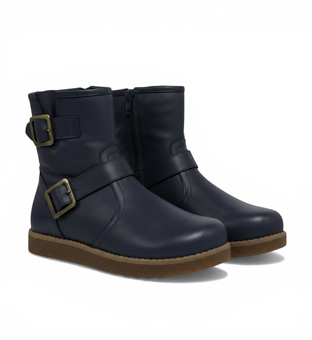 House of Florian Temora Navy leather ankle boots with buckle and zip detail.