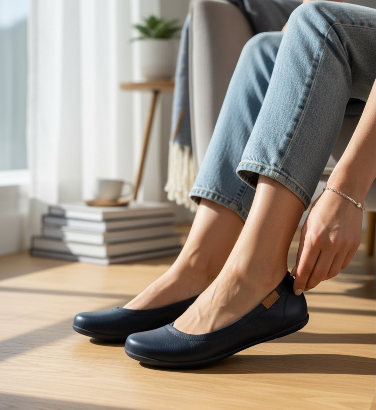 House of Florian navy leather ballet flats with Active Comfort footbed for everyday wear.