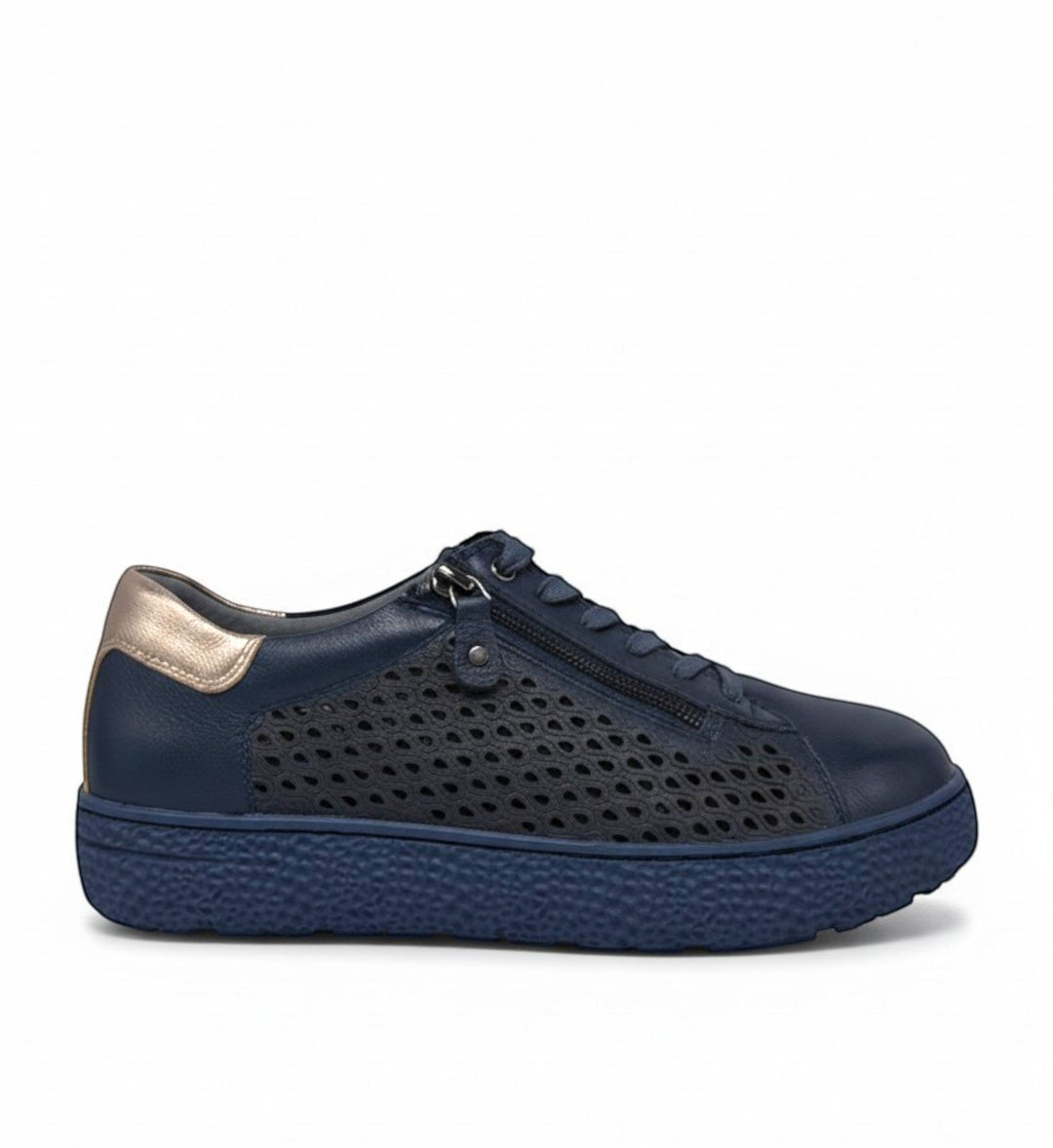 House of Florian Oliviar XW navy leather sneakers with side zip and perforated detail, gold heel accent.