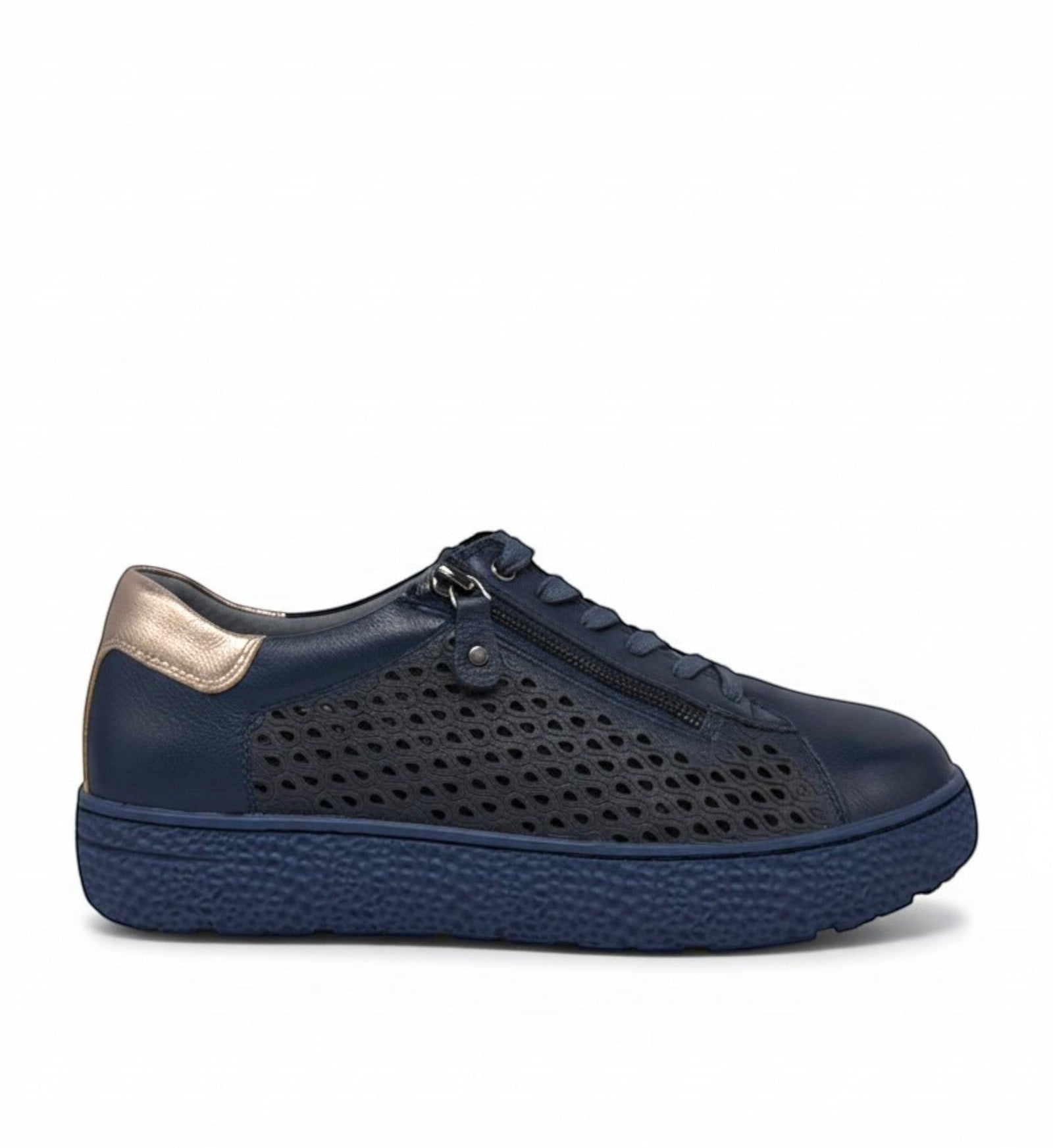 House of Florian Oliviar XW navy leather sneakers with side zip and perforated detail, gold heel accent.