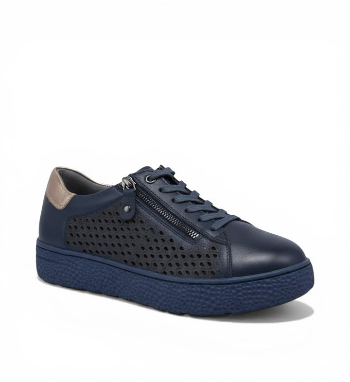 House of Florian Oliviar XW navy leather sneakers with side zip and perforated detail.