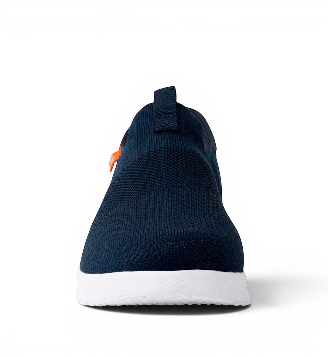 House of Florian navy blue knit slip-on shoe with white sole and orange accent tab.
