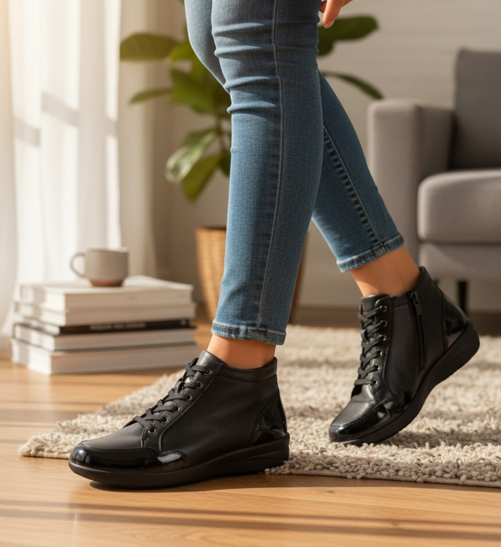 House of Florian Neonne black leather ankle boots with lace-up and side zip detail, wide fit.