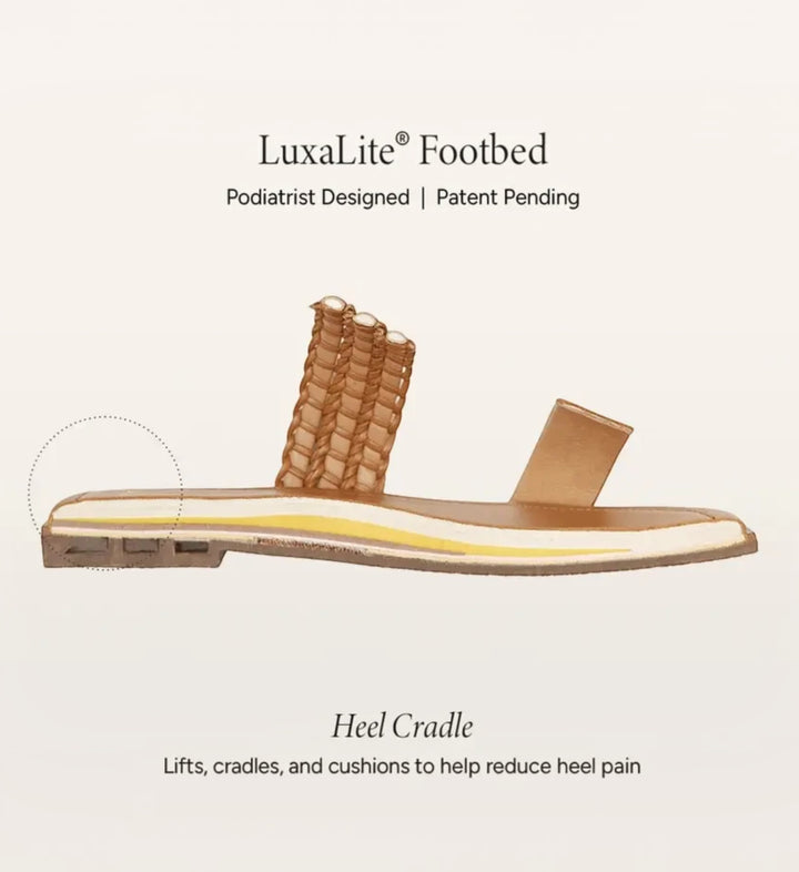 House of Florian Noa Chocolate slide sandal with woven straps and LuxaLite footbed designed for heel pain relief.