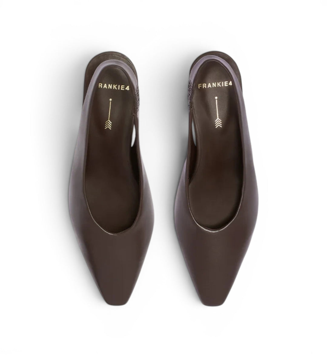 House of Florian Noa Chocolate pointed toe slingback heels in dark brown leather with gold logo detail.
