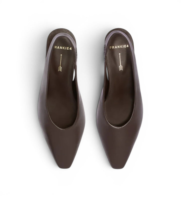 House of Florian Noa Chocolate pointed toe slingback heels in dark brown leather with gold logo detail.