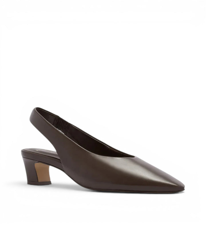 House of Florian Noa Chocolate pointed-toe slingback heels with a block heel and elasticated strap.