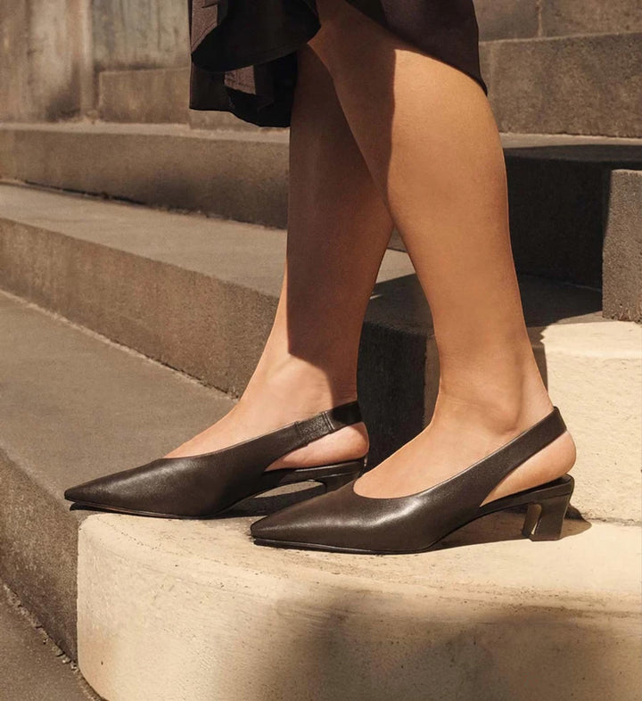 House of Florian Noa Chocolate slingback heels with pointed toe and low block heel.