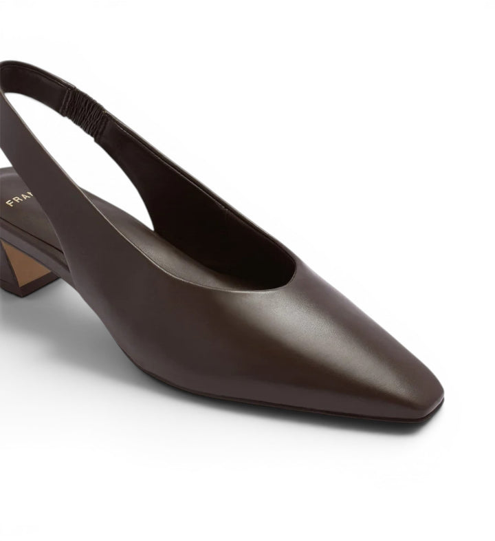 House of Florian Noa Chocolate square-toe leather slingback heels with elastic strap and block heel.