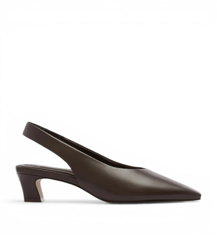 House of Florian Noa Chocolate square-toe slingback heels with a block heel and elasticated strap.